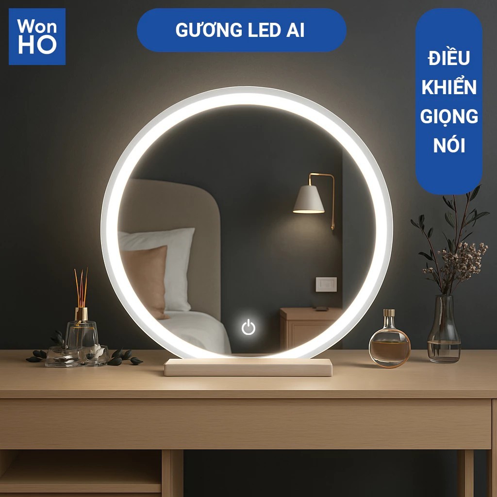 High-end LED Touch Screen Round Makeup Mirror, Free Wooden Desktop Stand