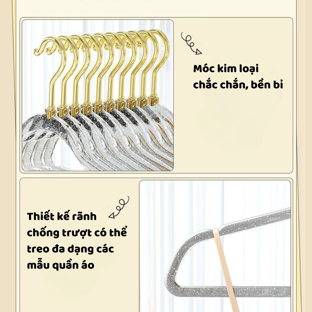 Combo 10 móc treo quần áo trong suốt, mắc quần áo kim tuyến chống trượt xoay 360 độ đa năng HappyHome