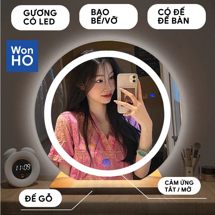 High-end LED Touch Screen Round Makeup Mirror, Free Wooden Desktop Stand