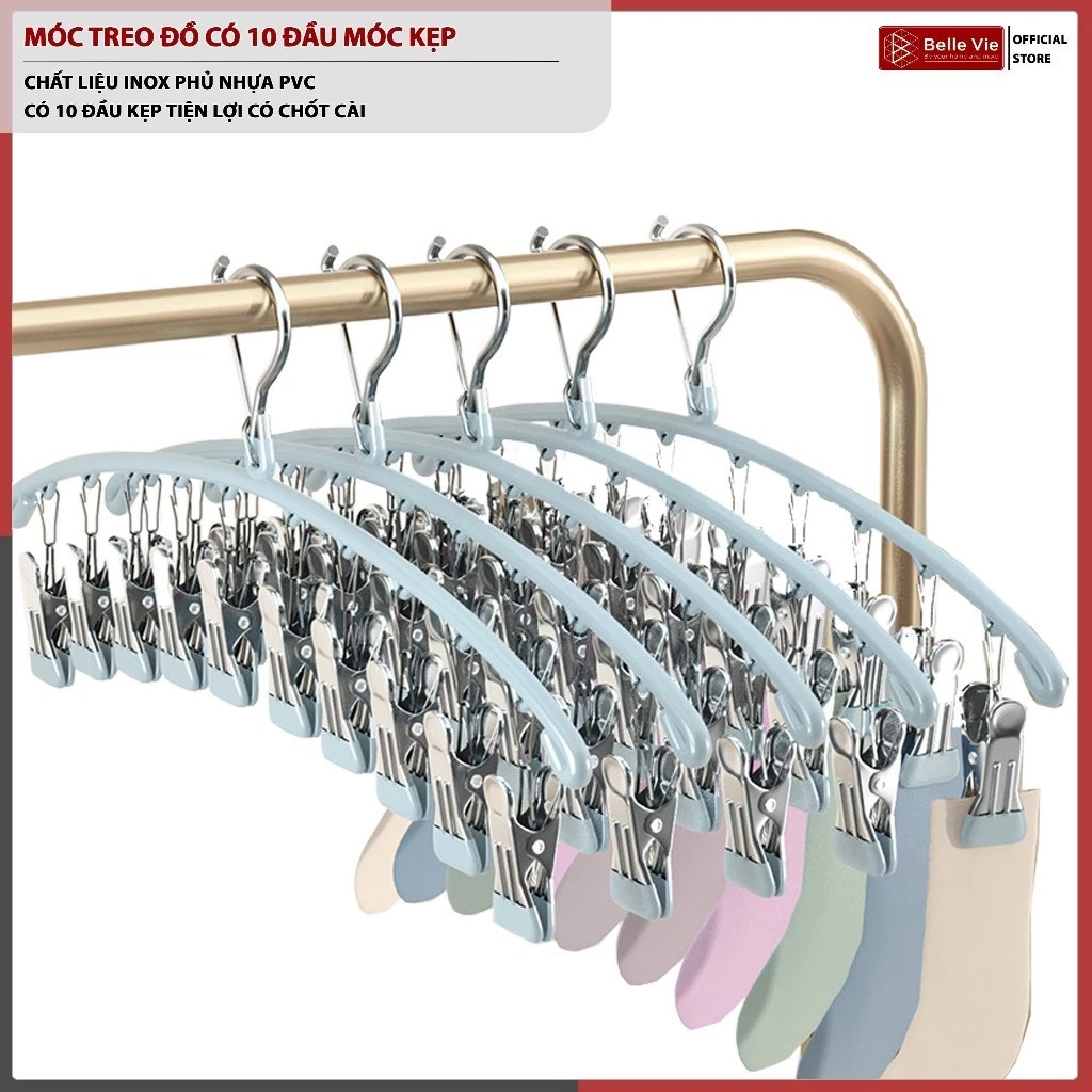 Clothes Hanger with 10 Clips MQ-02 Clothes Hanger with Clips for Drying Clothes, Socks, Underwear, and Baby Clothes Covered with PVC M