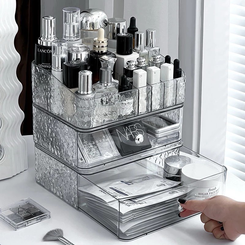 Transparent cosmetic shelf with water wave pattern for storing cosmetics, YM6730 drawer cosmetic cabinet