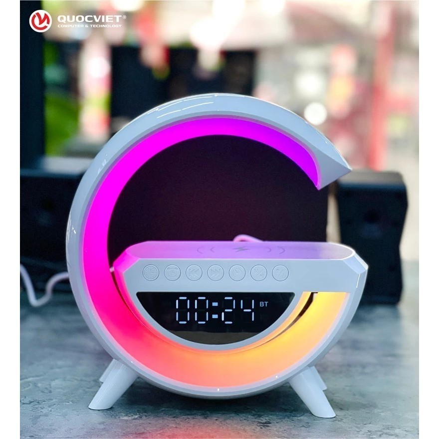 Multi-function G-shaped Bluetooth Speaker, Black RGB LED Flashing to Music, Fast Wireless Charging, Decorative Alarm Clock