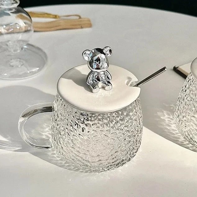 Ulife Heat Resistant Glass Cup Cute Cartoon Cup with Spoon Lid