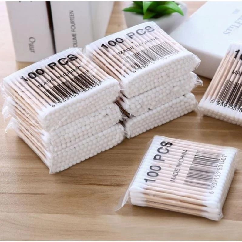 Bag of 100 Cotton Swabs for ear cleaning with Wooden Handle