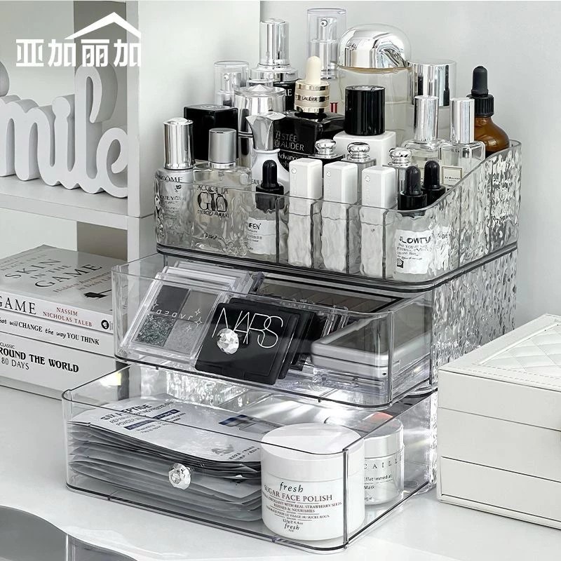 Transparent cosmetic shelf with water wave pattern for storing cosmetics, YM6730 drawer cosmetic cabinet