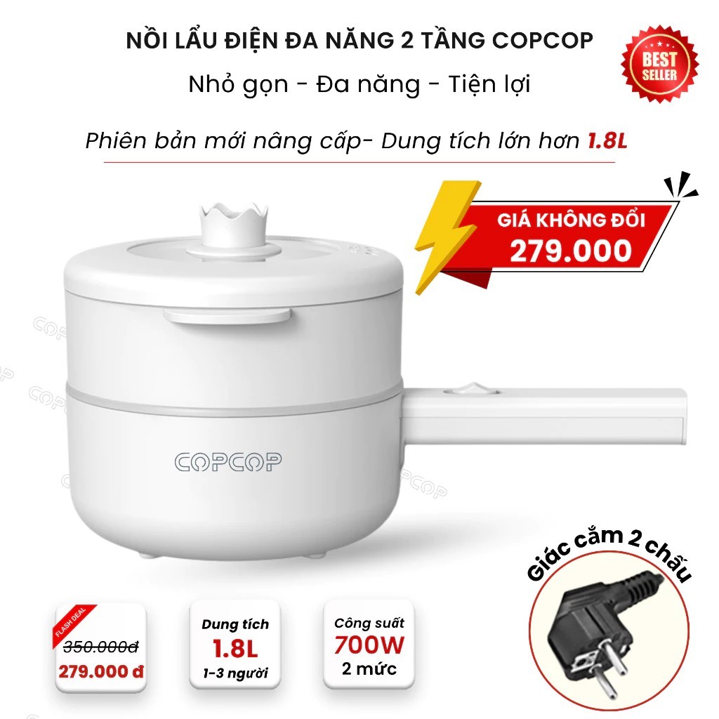 COPCOP multi-function electric hot pot with mini steamer tray, capacity 1.8L, non-stick, easy to clean