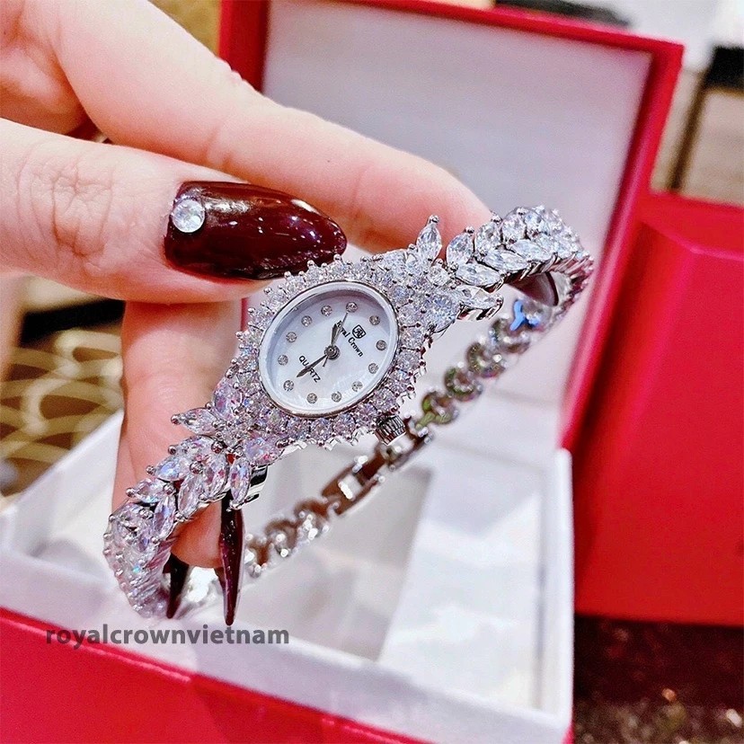 Genuine Royal Crown 2527 women's watch with high-quality stone-studded steel strap, water-resistant, beautiful and luxurious to wear