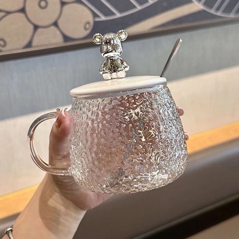 Ulife Heat Resistant Glass Cup Cute Cartoon Cup with Spoon Lid