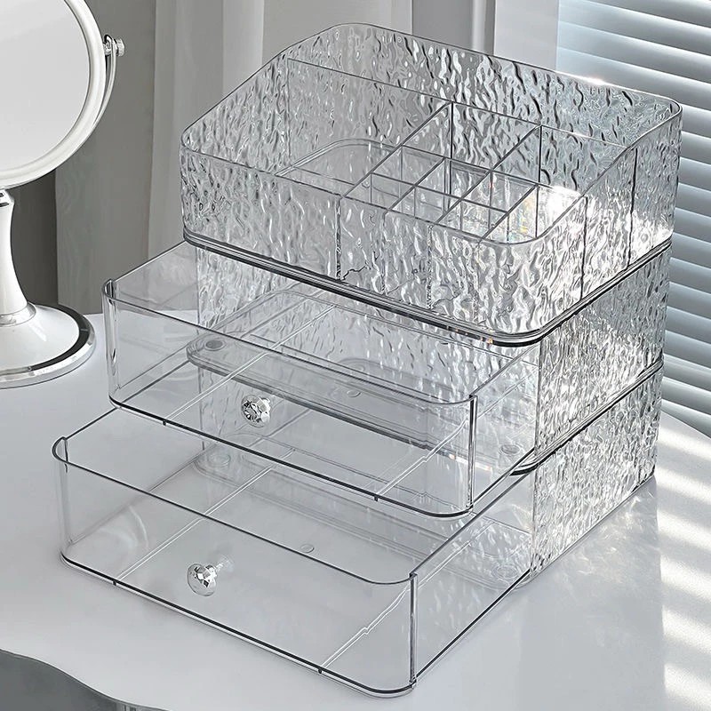 Transparent cosmetic shelf with water wave pattern for storing cosmetics, YM6730 drawer cosmetic cabinet