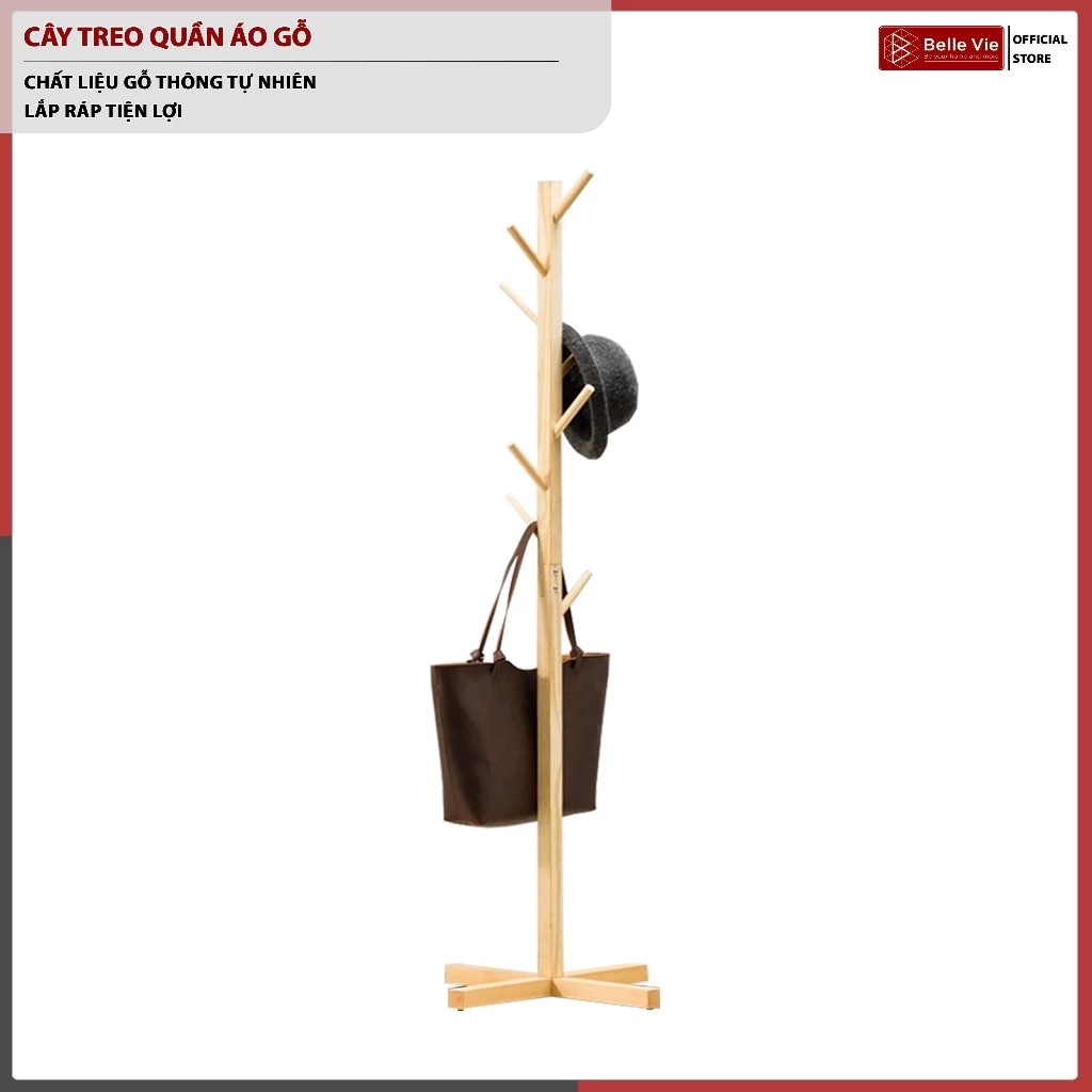 BELLEVIE Pine Wood Standing Clothes Hanger Modern Assembled Design Wooden Clothes Hanger