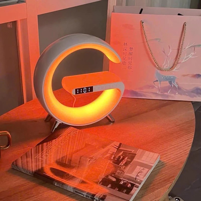 Multi-function G-shaped Bluetooth Speaker, Black RGB LED Flashing to Music, Fast Wireless Charging, Decorative Alarm Clock