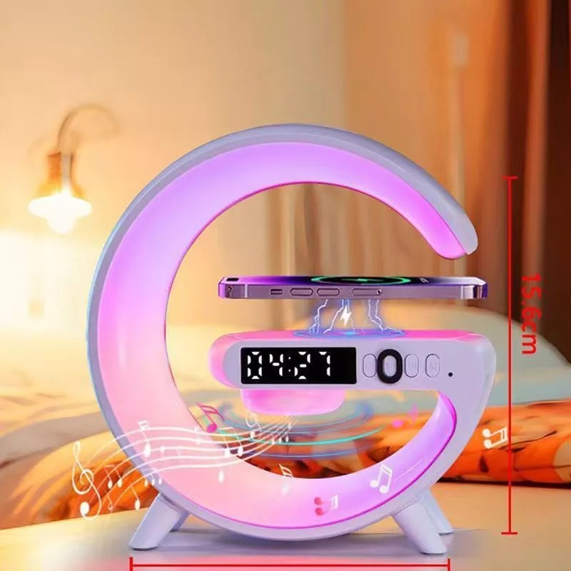 Multi-function G-shaped Bluetooth Speaker, Black RGB LED Flashing to Music, Fast Wireless Charging, Decorative Alarm Clock