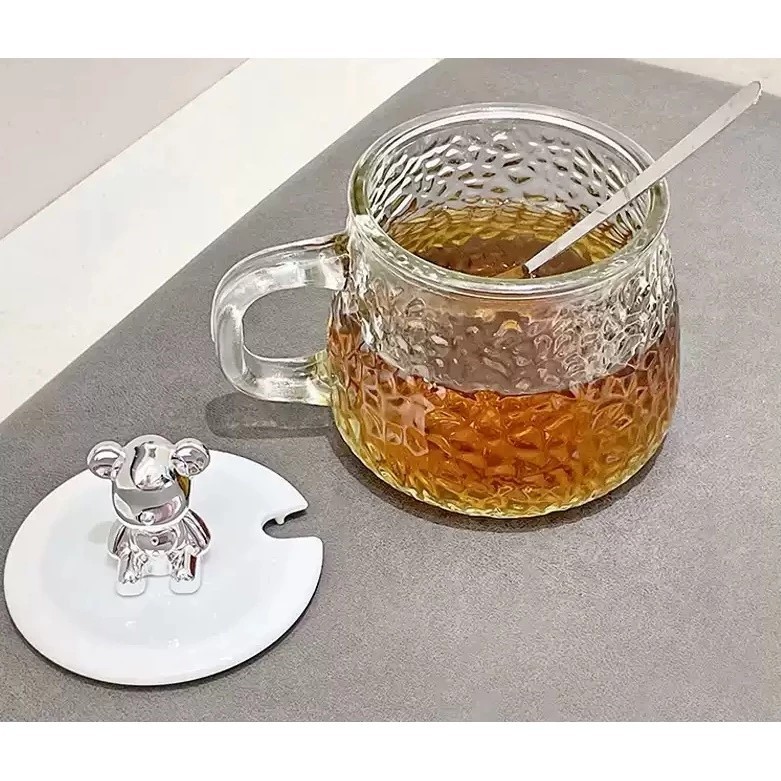 Ulife Heat Resistant Glass Cup Cute Cartoon Cup with Spoon Lid
