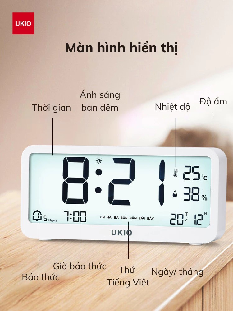 UKIO LED desk clock with high-end LCD screen, temperature and humidity measurement