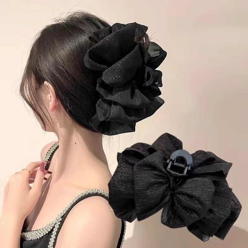 Ahellogirl Mesh Bow Grab Clip Sense Enhance Temperament Hairpin Women Back Headband Hair Plate Big Shark Clip Hair Card Headdress Hair Accessories