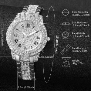 2 cái / bộ Đồng hồ thạch anh hình La Mã đầy đủ kim cương dành cho nữ Đồng hồ đeo tay bằng thép Gypsophila + Bộ vòng tay kim cương