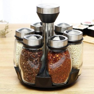 Set of 6 Glass Spice Jars with Rubber Seals to Protect Spices from Mold and Mildew with 360 Degree Rotating Rack