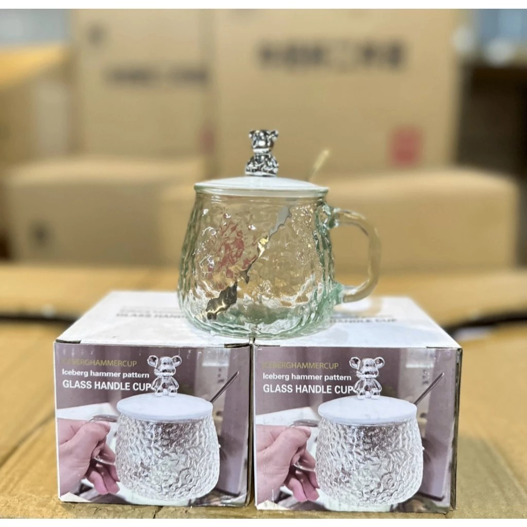 Glass cup with free bear lid and spoon 400ml