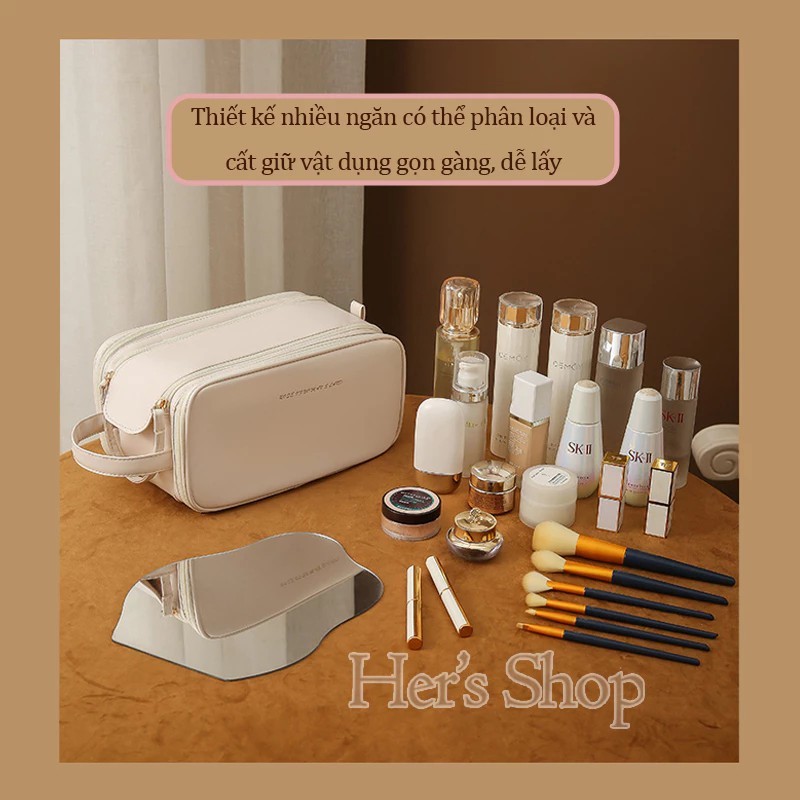 Cosmetic Bag with Additional Compartment for Makeup Brushes for Women - Large Size Travel Cosmetic Bag