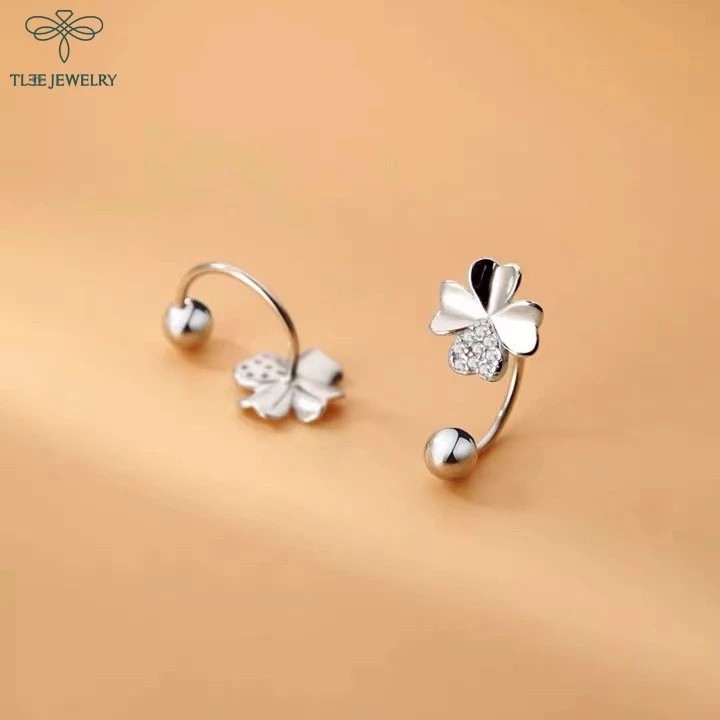 TLEE silver earrings for women with four-leaf clover, curved flower, screw ball clasp