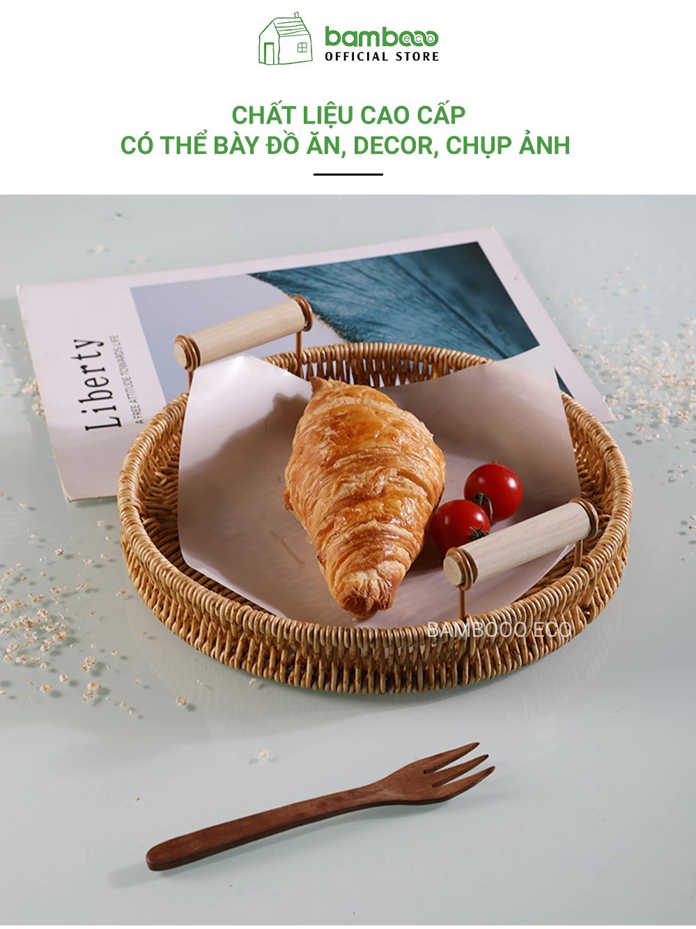 BAMBOOO ECO round plastic tray with wooden handle for holding fruits, candies
