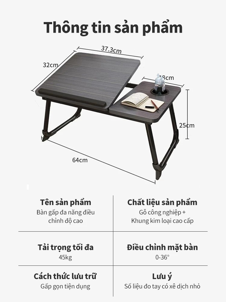 ICON Folding Work & Study Desk - 5 Levels of Adjustment, Cup Holder, Multi-Functional Design for Laptops and Books