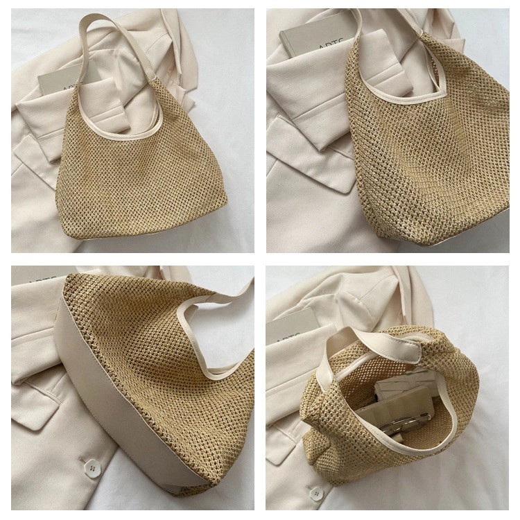 Large armpit straw beach bag for women to hold many items with vintage leather strap for girls ROSASO TX126