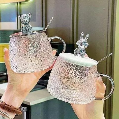 Glass cup with free bear lid and spoon 400ml