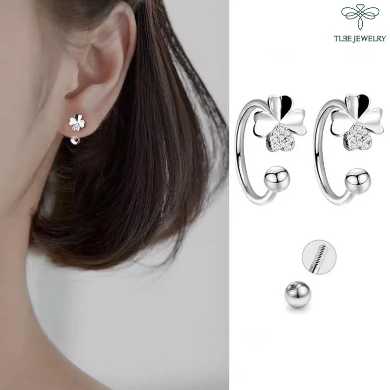 TLEE silver earrings for women with four-leaf clover, curved flower, screw ball clasp
