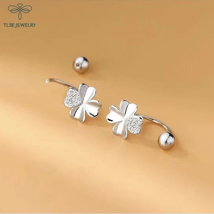 TLEE silver earrings for women with four-leaf clover, curved flower, screw ball clasp