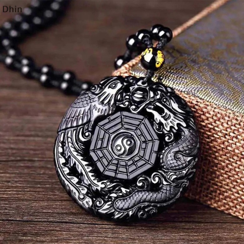 Natural Black Obsidian Hand Carved Chinese Dragon Phoenix Bird Amulet BaGua Necklace For Women