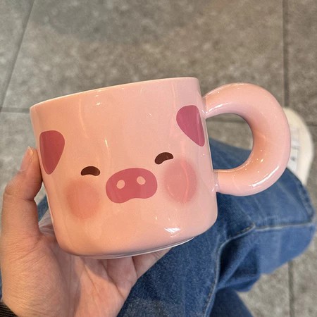 Cute pig shaped ceramic cup with lid, birthday gift for girlfriend 500ml
