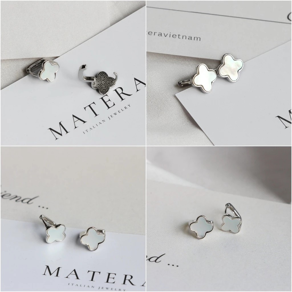Silver earrings 𝐋𝐮𝐜𝐤𝐲 𝐅𝐥𝐨𝐫𝐚𝐥𝐬 MATERA S999 high-class silver earrings with 4-petal flowers and sophisticated mother-of-pearl inlay MBT21