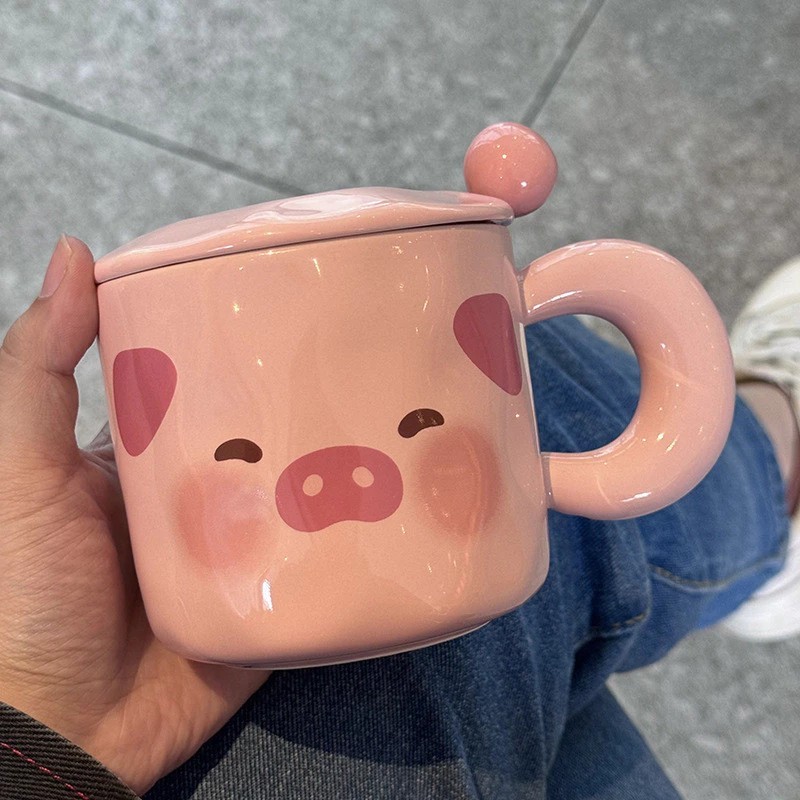 Cute pig shaped ceramic cup with lid, birthday gift for girlfriend 500ml
