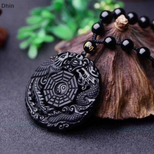 Đen Tự Nhiên Obsidian Tay Khắc Rồng Trung Quốc Phượng Hoàng Chim Bùa Hộ Mệnh Vòng Cổ BaGua Dành Cho Nữ