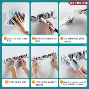 Thanh kẹp cây lau nhà & móc treo dán tường tích hợp 2in1 đa năng, kẹp giữ chổi inox 304 đa năng ERMO