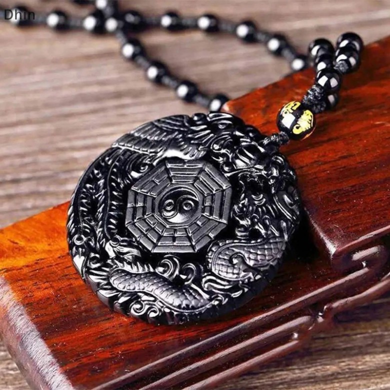Natural Black Obsidian Hand Carved Chinese Dragon Phoenix Bird Amulet BaGua Necklace For Women