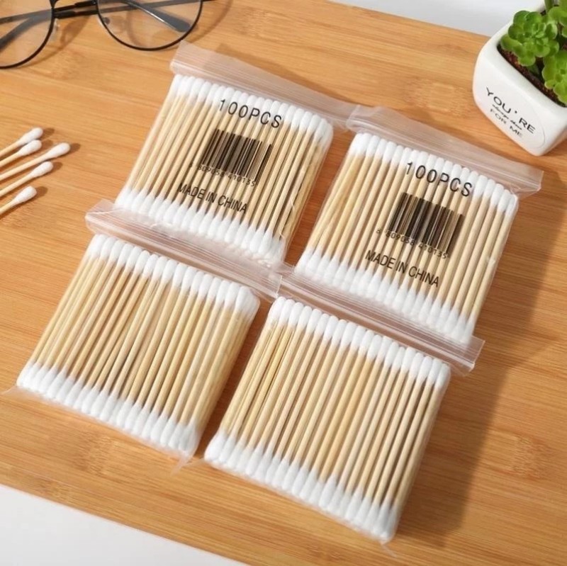 Ear swabs, 100 wooden ear swabs, sterilized with 2 heads, environmentally friendly