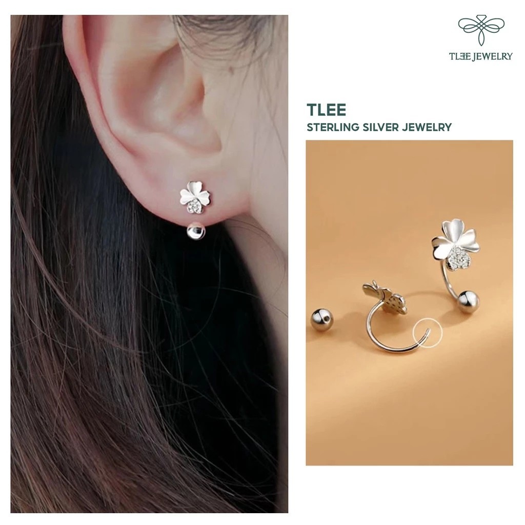 TLEE silver earrings for women with four-leaf clover, curved flower, screw ball clasp