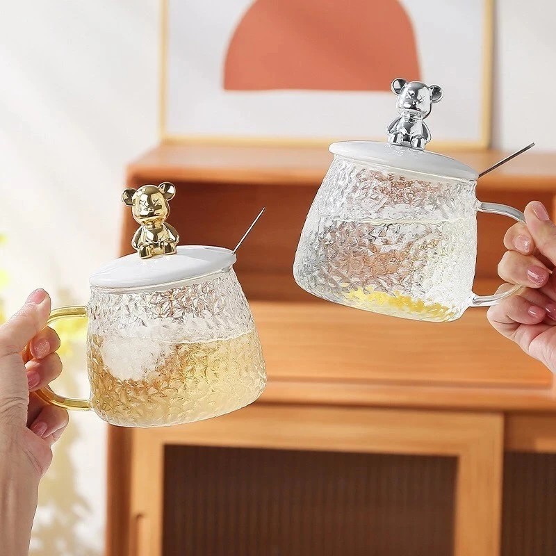 Glass cup with free bear lid and spoon 400ml
