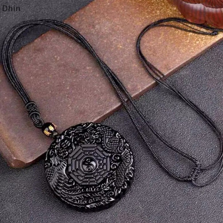Natural Black Obsidian Hand Carved Chinese Dragon Phoenix Bird Amulet BaGua Necklace For Women