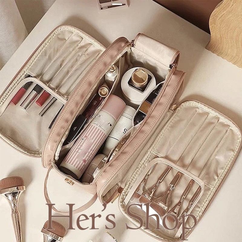 Cosmetic Bag with Additional Compartment for Makeup Brushes for Women - Large Size Travel Cosmetic Bag