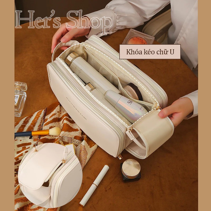 Cosmetic Bag with Additional Compartment for Makeup Brushes for Women - Large Size Travel Cosmetic Bag