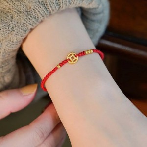 Women's Fashion Jewelry Red Cord Woven Beads Gold Plated Bracelet