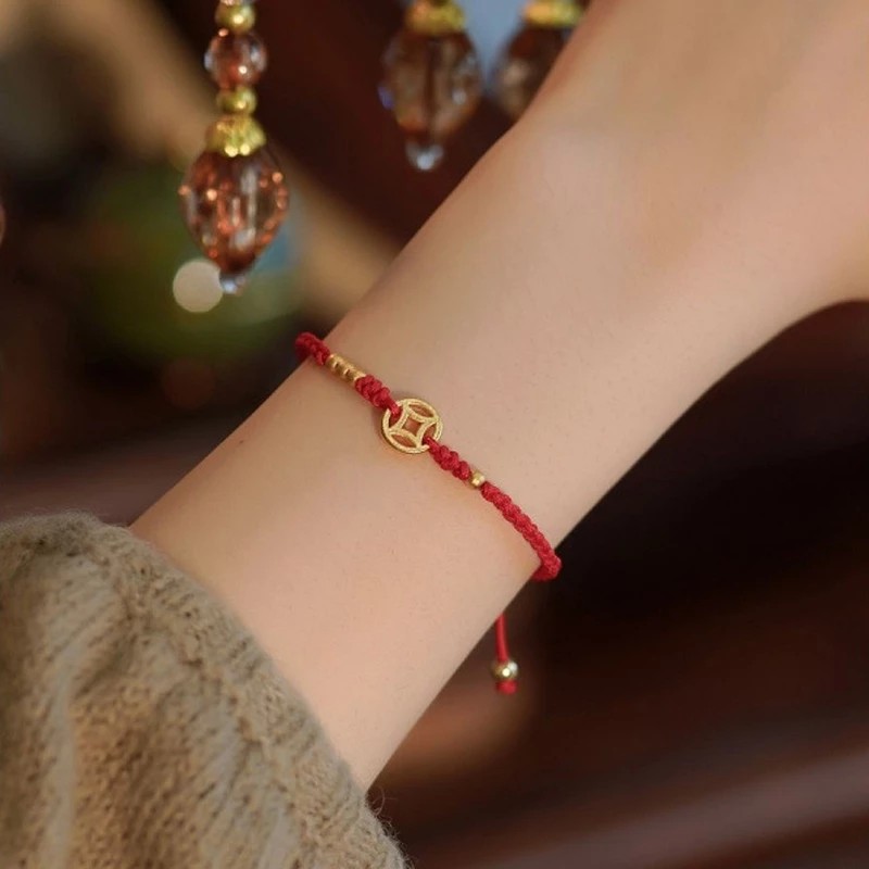Women's Fashion Jewelry Red Cord Woven Beads Gold Plated Bracelet